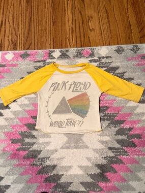 Rowdy Sprout Yellow Sleeve Cream Baseball Tee with Rainbow Prism Graphic